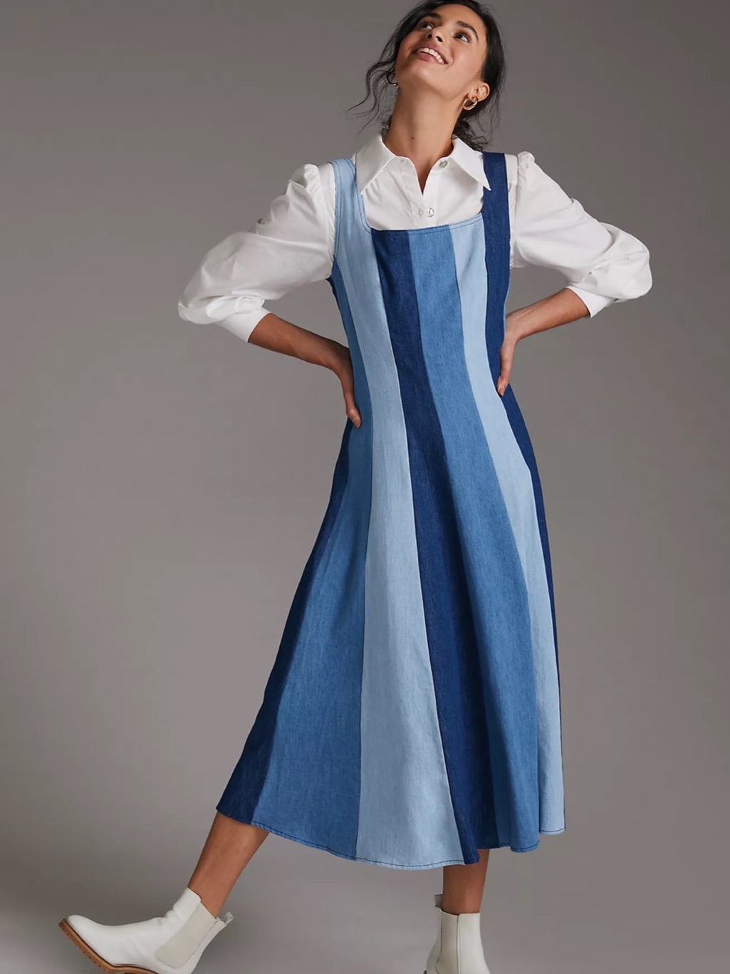Farm Rio Colorblocked Denim Midi Dress Blue Large Patchwork Striped Square Neck
